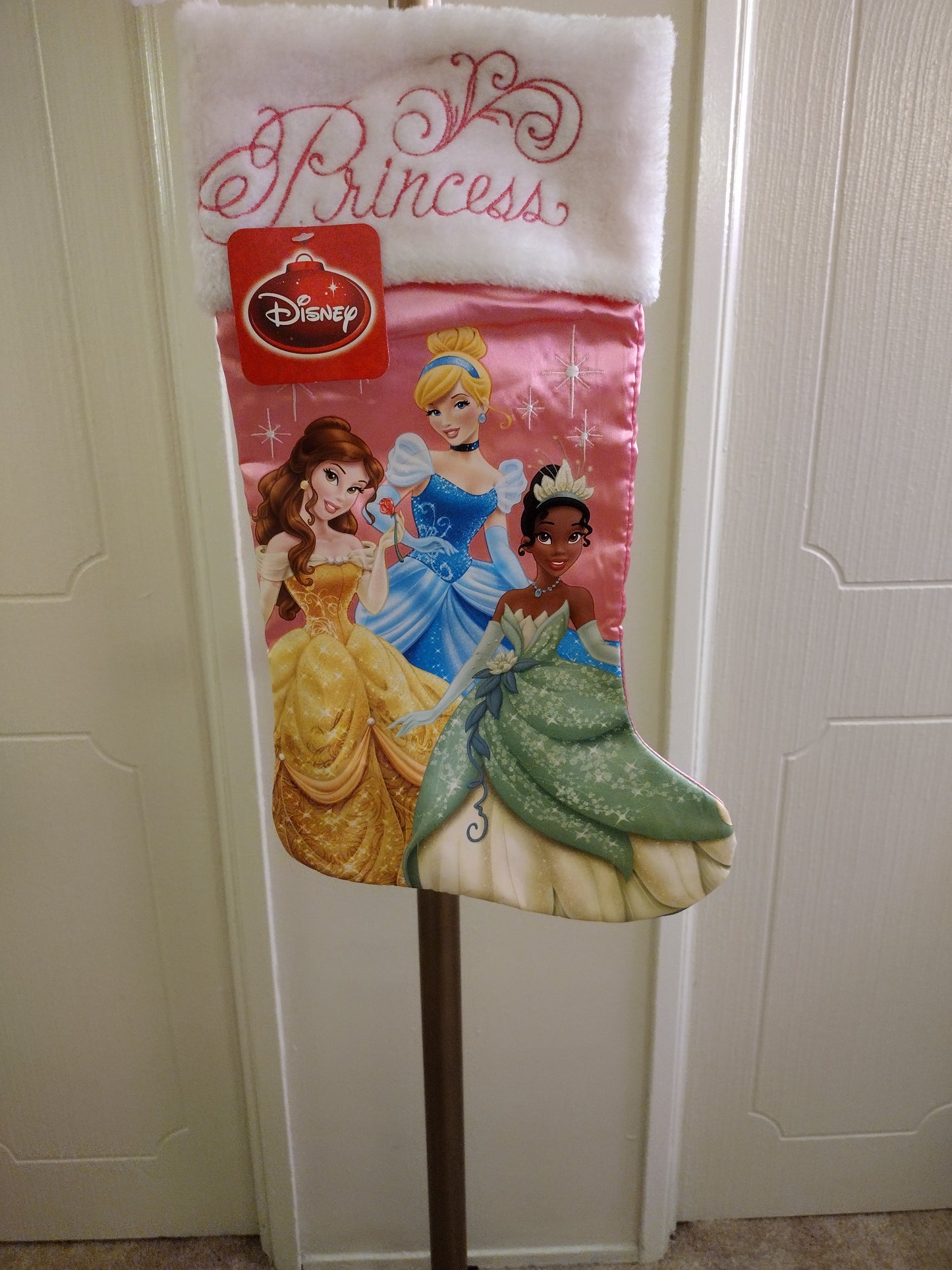 DISNEY PRINCESS PINK SATIN CHRISTMAS STOCKING~BELLE~CINDERELLA~TIANA~TIANNA~NWT
