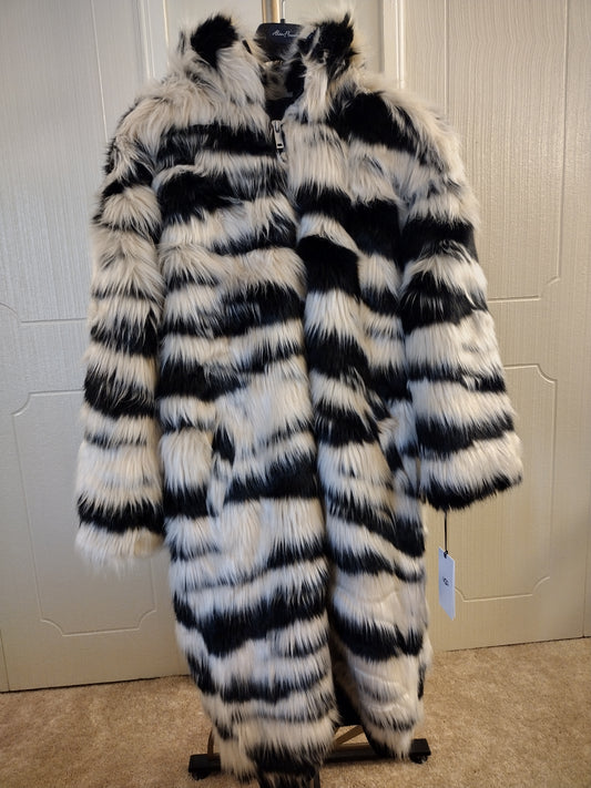 UGG KOKO OVERSIZED FAUX FUR COAT WOMEN SIZE XS/S BLACK / CREAM LONG JACKET HOOD