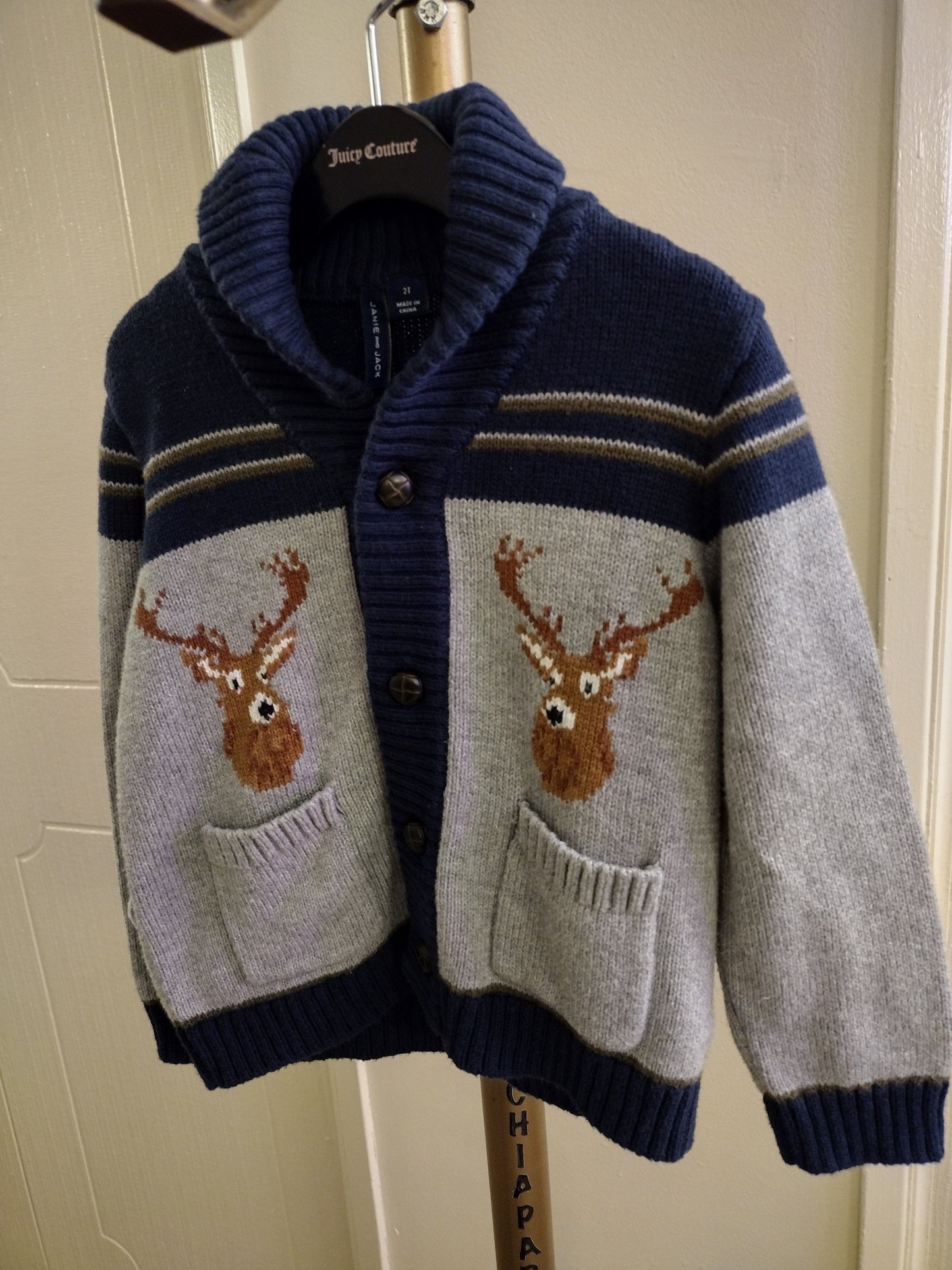Janie and Jack Reindeer Shawl Collar Cardigan Sweater Long Sleeve Multi Color