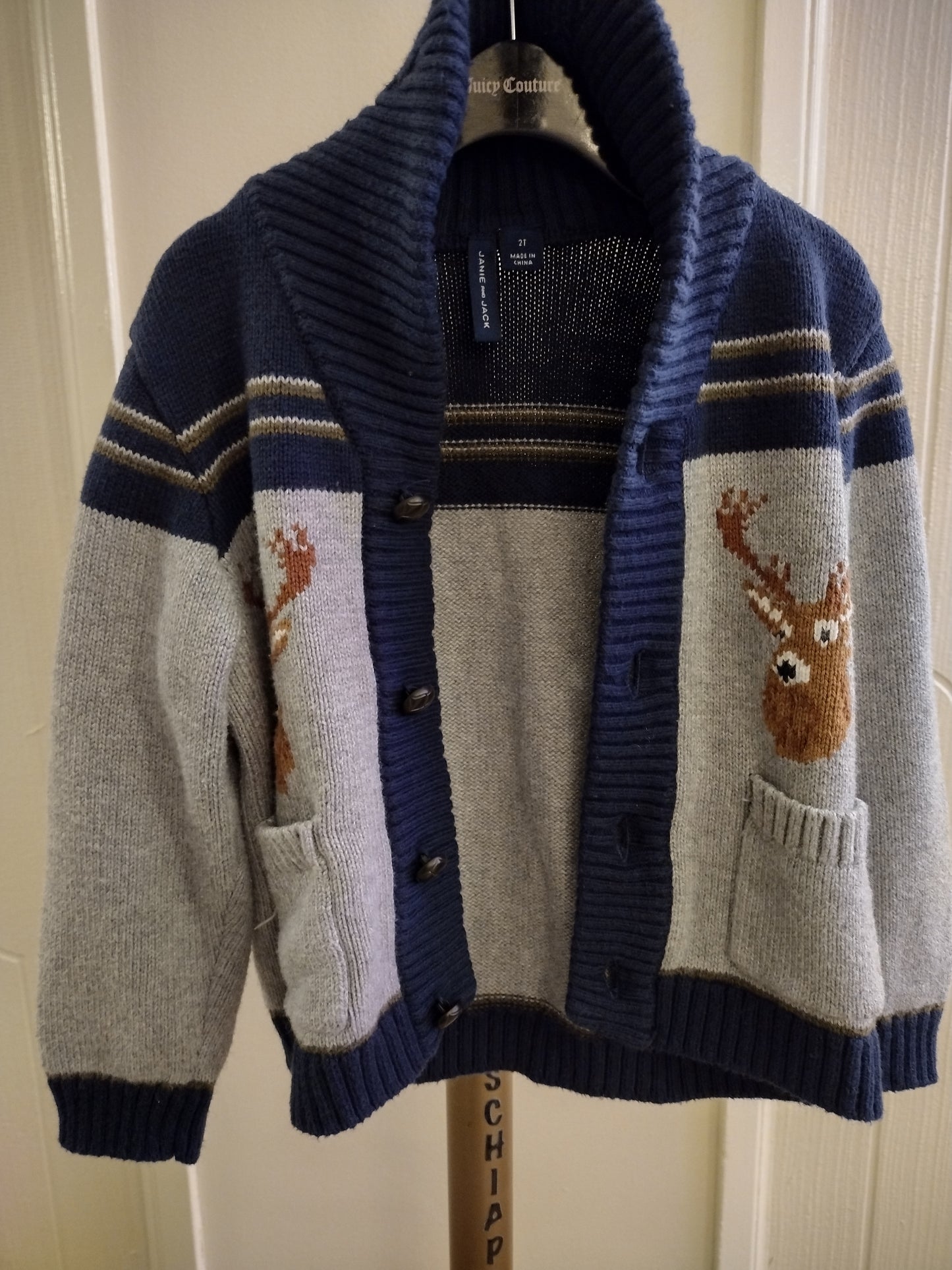 Janie and Jack Reindeer Shawl Collar Cardigan Sweater Long Sleeve Multi Color