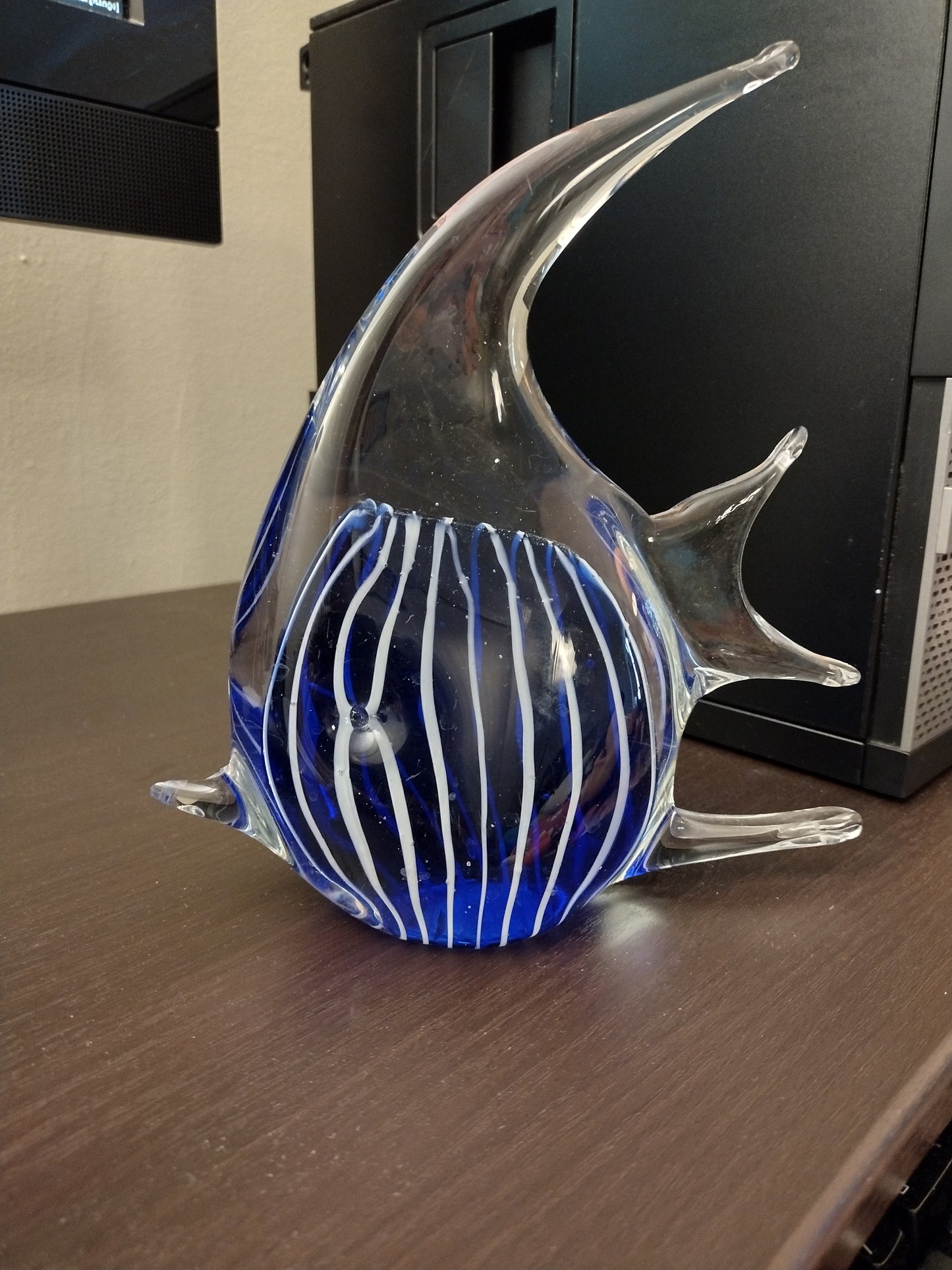 Blue With White Stripes Glass Angel Fish Paper Weight Figurine 4" Tall - Vintage