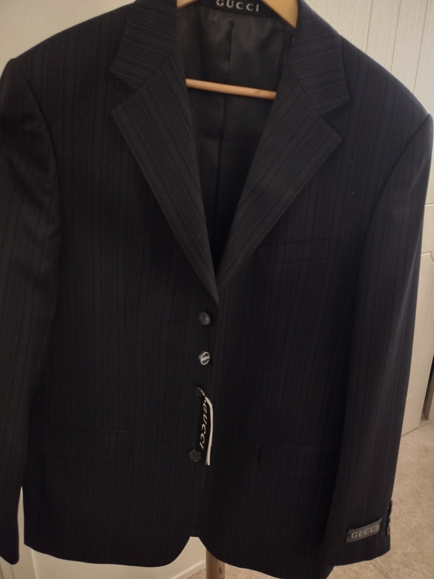 Authentic Gucci Men's 2 Piece Black & Grey Pinstripe Suit