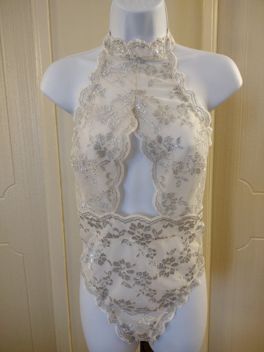 Victoria Secret Lace Floral Ivory & Silver See Through Bodysuit
