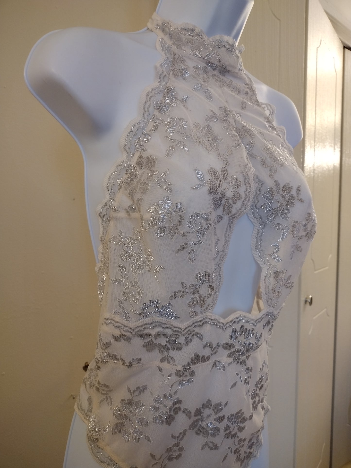 Victoria Secret Lace Floral Ivory & Silver See Through Bodysuit