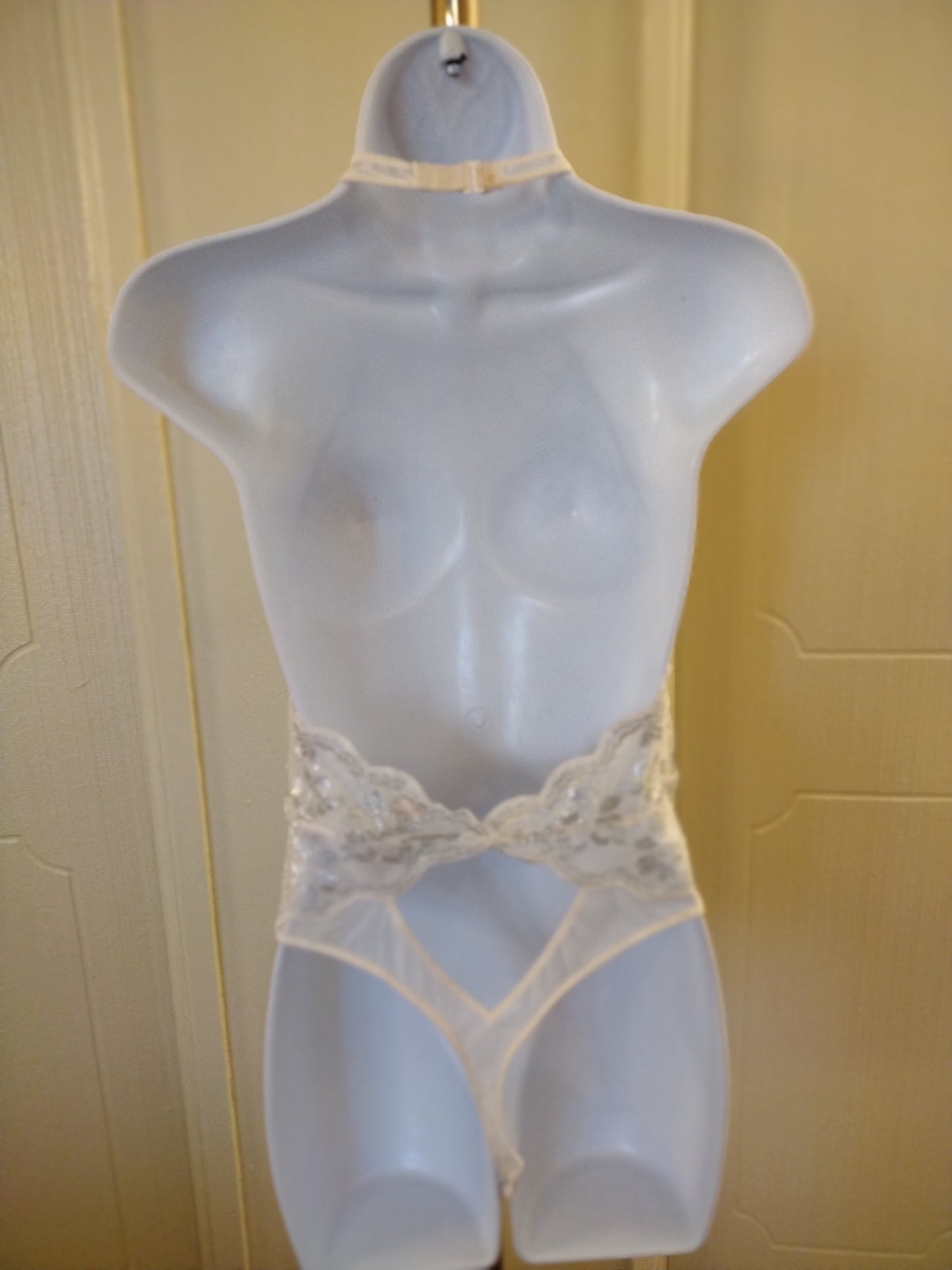 Victoria Secret Lace Floral Ivory & Silver See Through Bodysuit