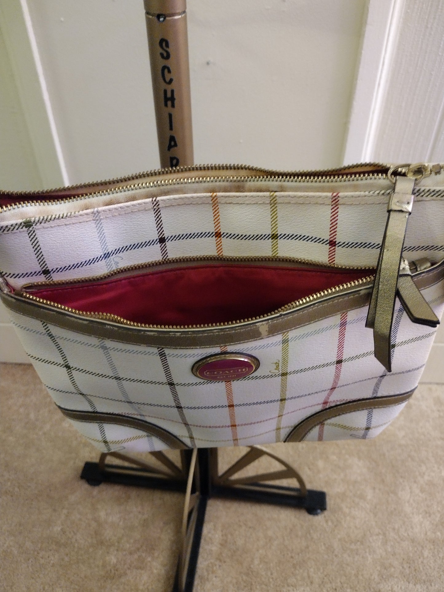 Coach Peyton Tattersall File Plaid Leather Multi Color Coated Canvas Cross Body