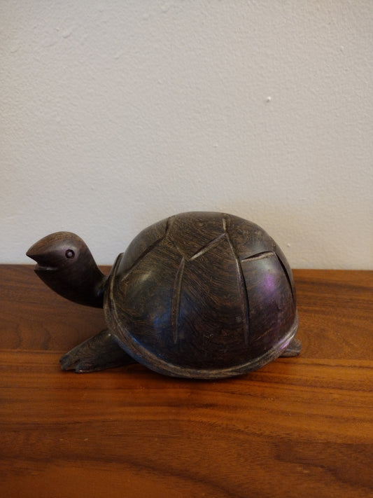 Vintage Cast Iron Hand Carved Small Dark Wooden Turtle Figurine - Door Stop / Paper Weight