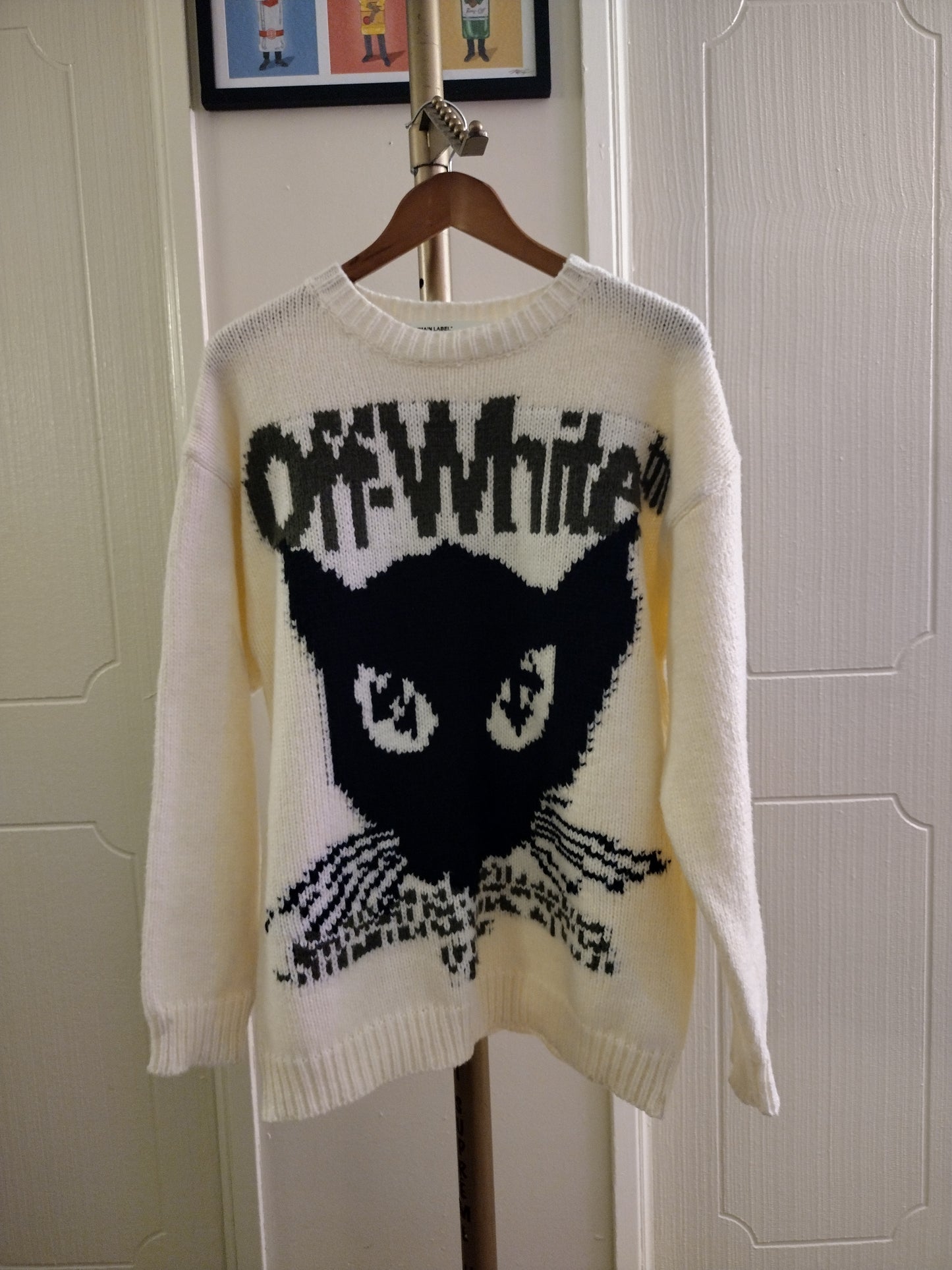OFF- White intarsia Knit Jacquard Chunky Cat Crewneck Sweater - Long Sleeve