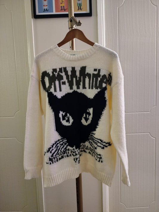 OFF- White intarsia Knit Jacquard Chunky Cat Crewneck Sweater - Long Sleeve