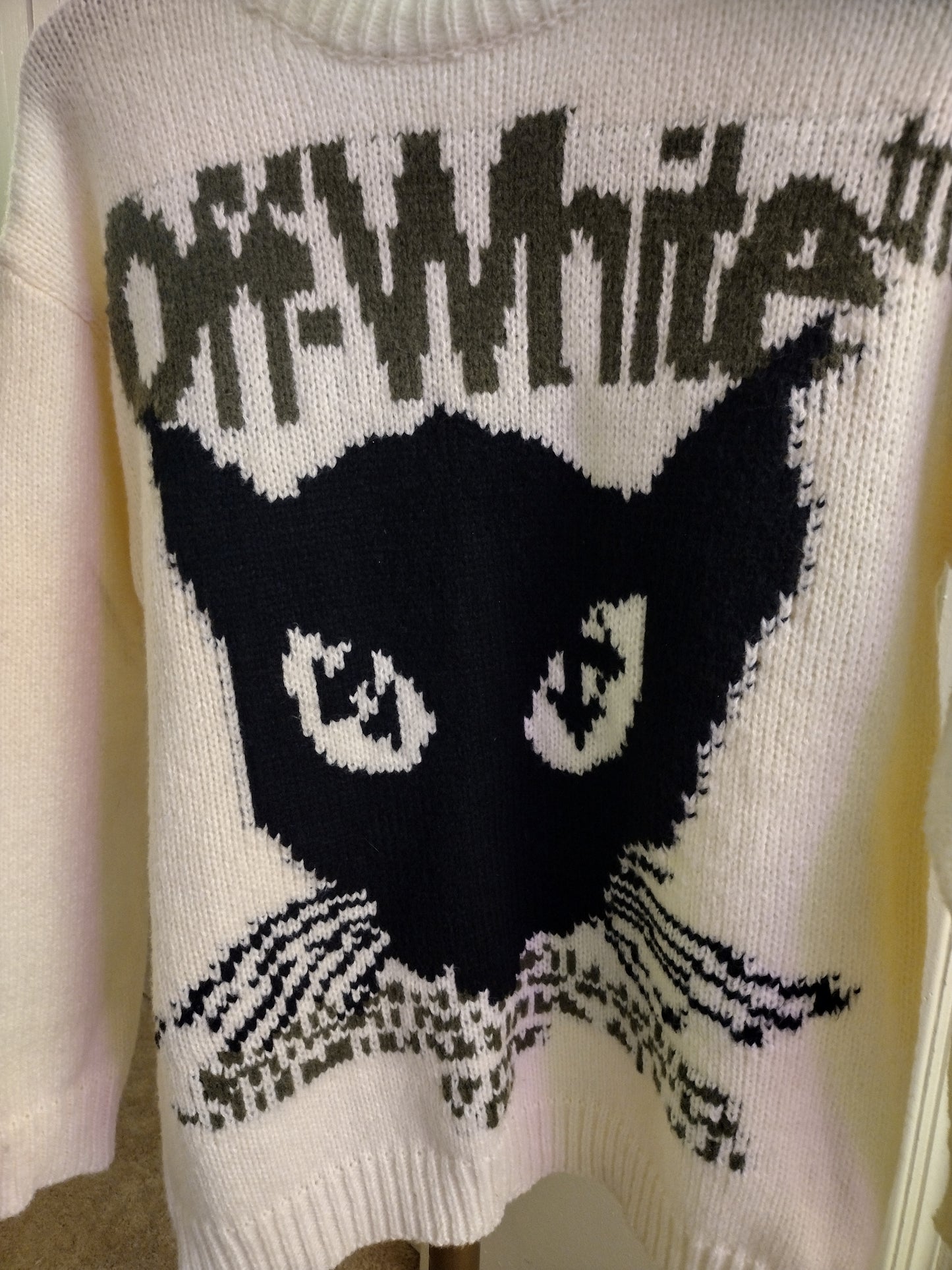 OFF- White intarsia Knit Jacquard Chunky Cat Crewneck Sweater - Long Sleeve
