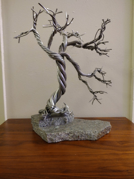 Wire 14" Tree Sculpture On Limestone  Pre Owned  Very Good Condition  Color : Silver