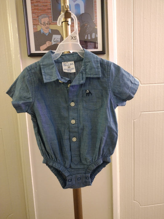 Baby Bum Denim Collard Shirt Bodysuit Onsie Short Sleeve Blue Button Up - Size 9M