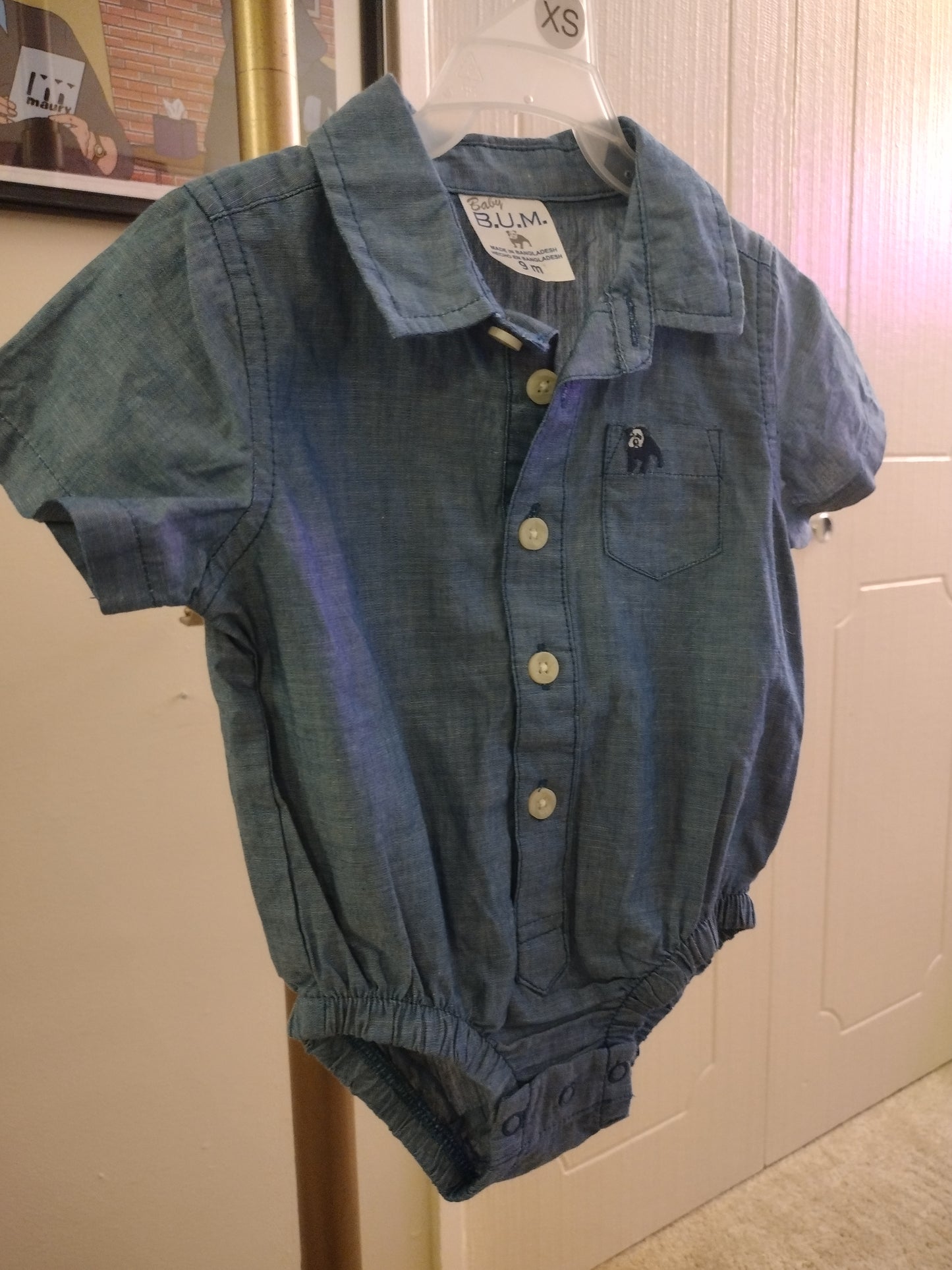 Baby Bum Denim Collard Shirt Bodysuit Onsie Short Sleeve Blue Button Up - Size 9M