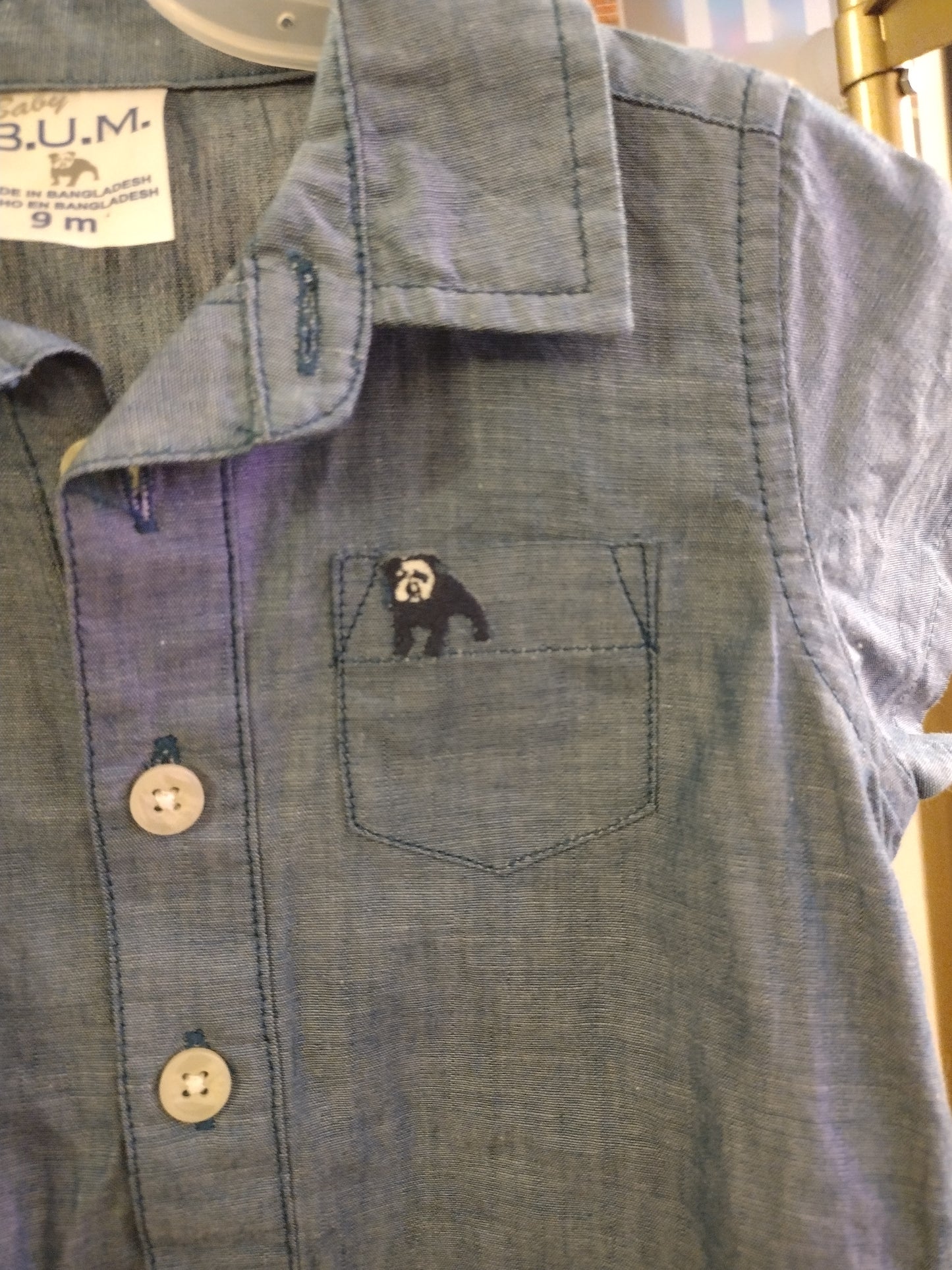 Baby Bum Denim Collard Shirt Bodysuit Onsie Short Sleeve Blue Button Up - Size 9M