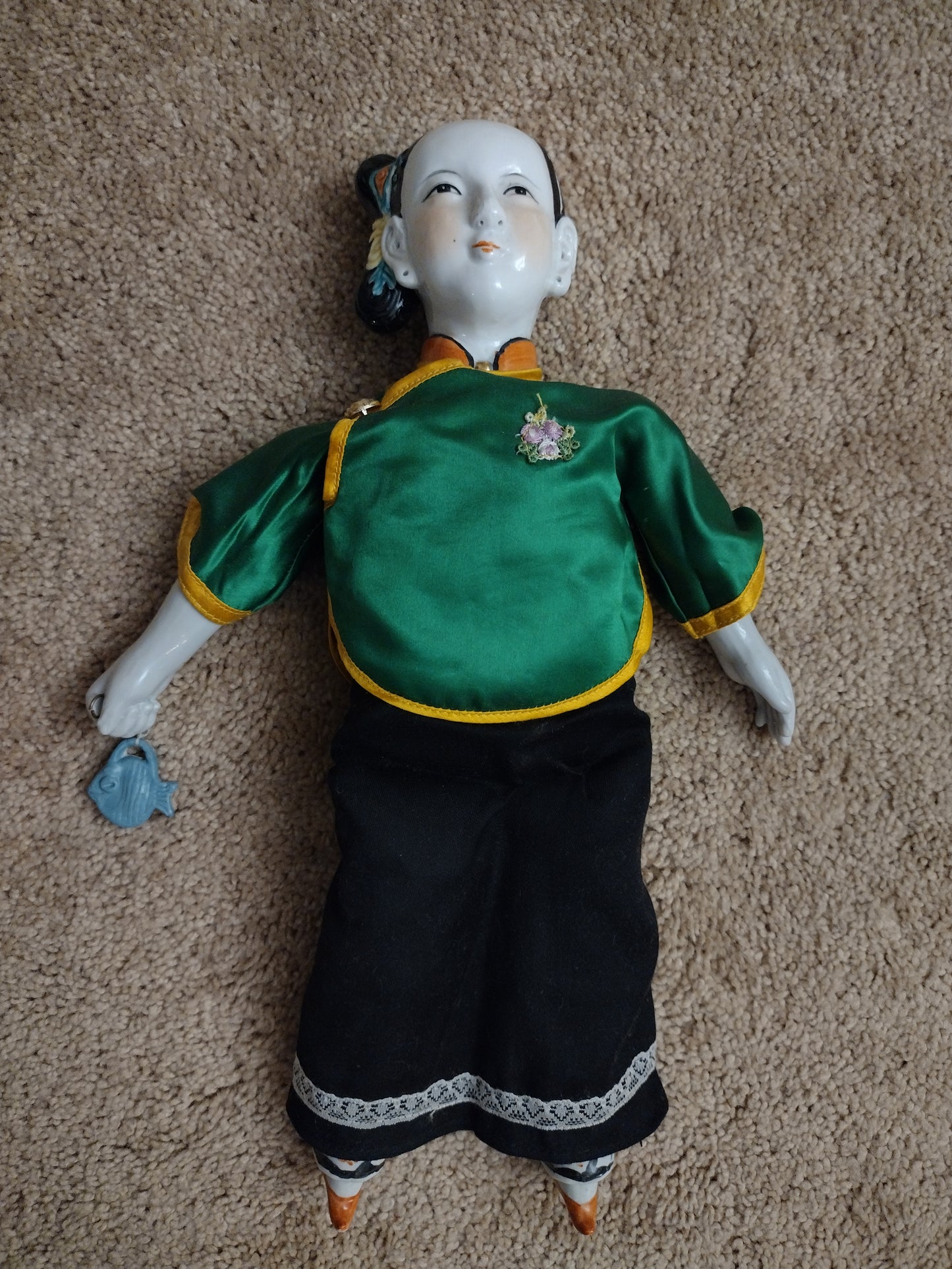 Vintage Antique Asian Porcelain Doll 14" - Holding Fish