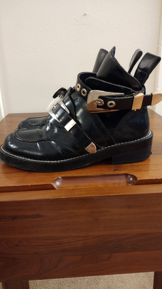 Balenciaga, Black Leather Buckle Moto Boots - Women's Size - 7 , No Box Not in Original Box
