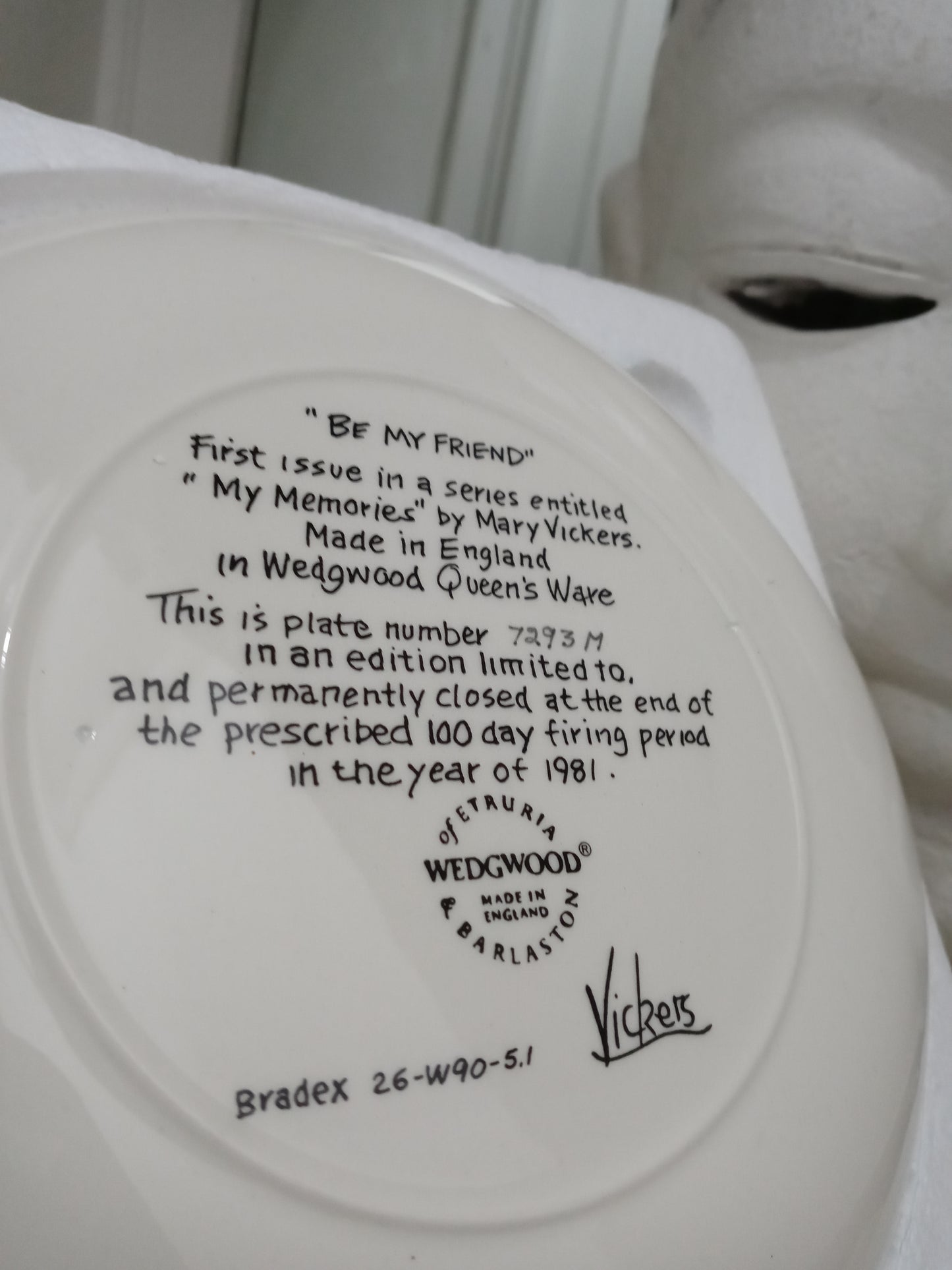 Mary Vickers "Be My Friend" Collector Plate Numbered Queen's Ware by Wedgwood.