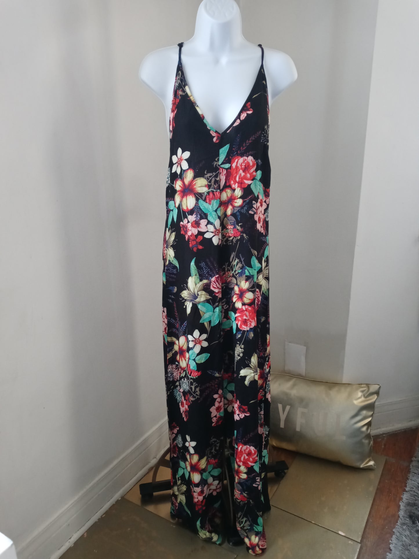 Love Culture Black Floral Multi Color Cris Cross Back Out Romper Jump Suit 1pc