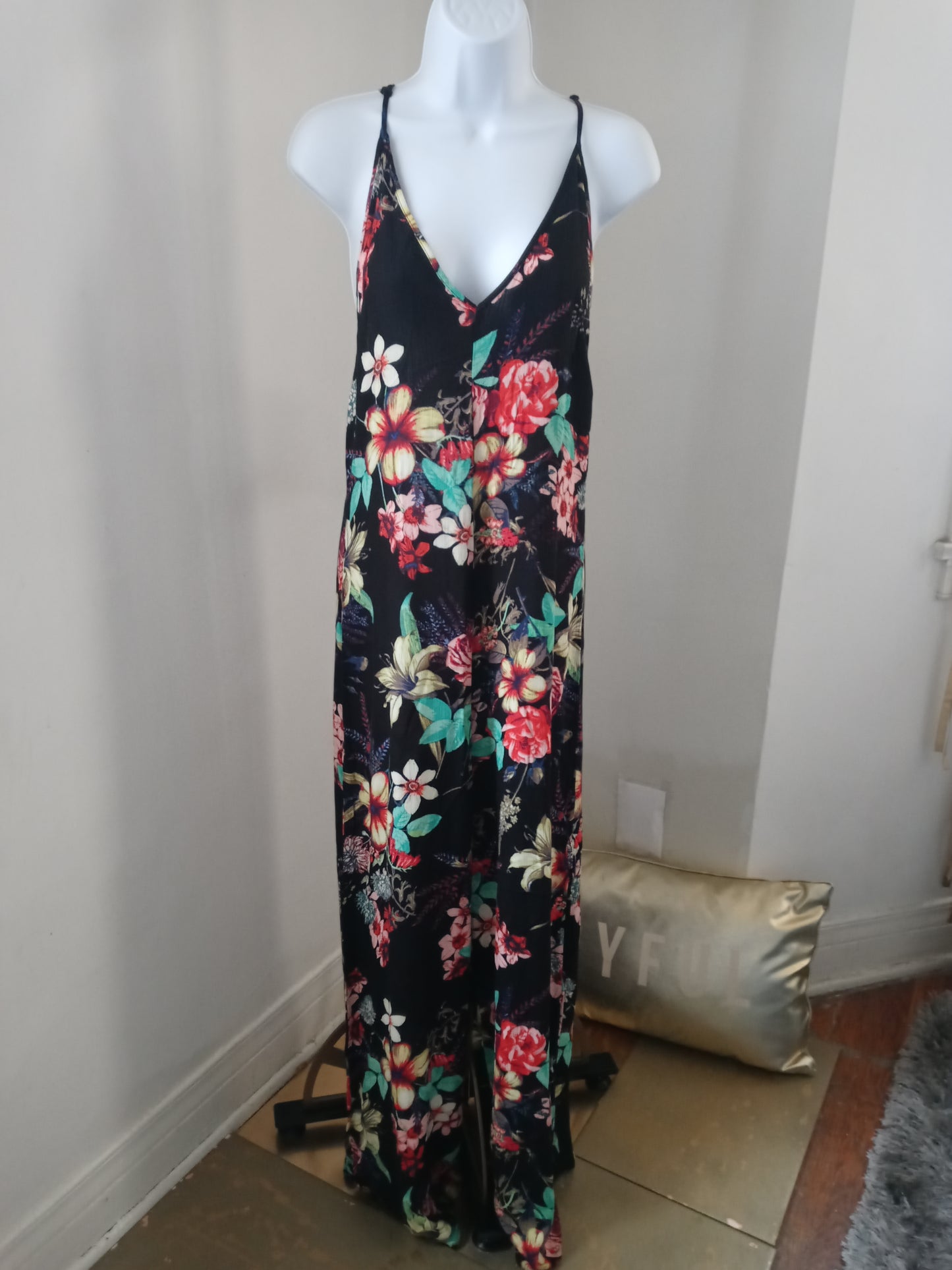 Love Culture Black Floral Multi Color Cris Cross Back Out Romper Jump Suit 1pc