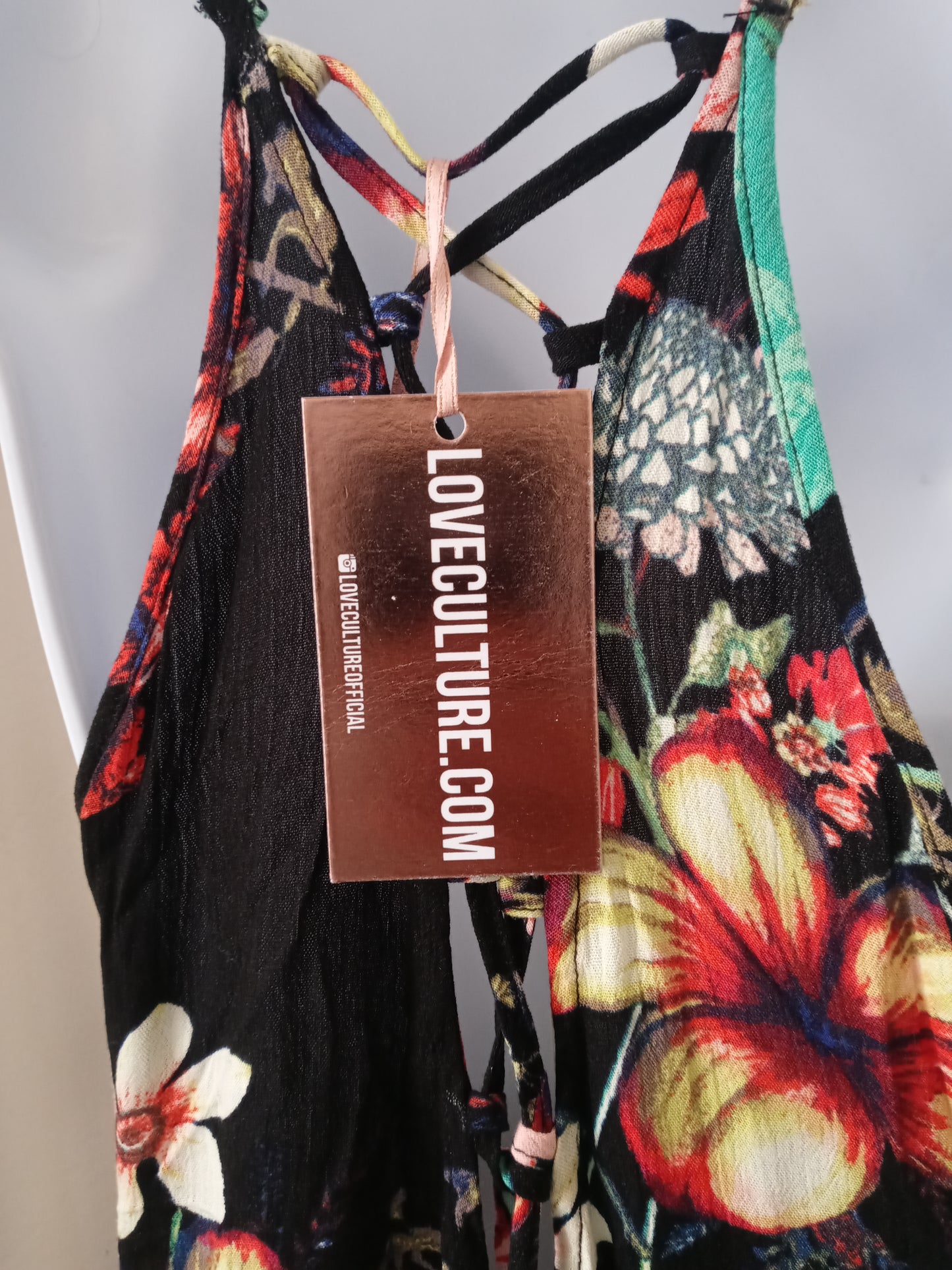 Love Culture Black Floral Multi Color Cris Cross Back Out Romper Jump Suit 1pc