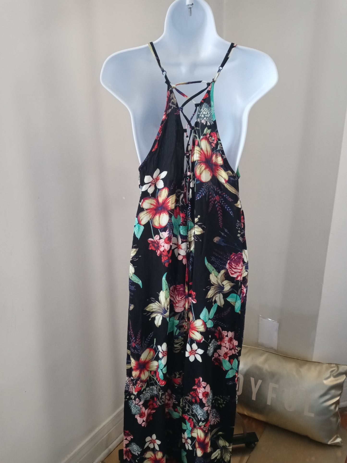 Love Culture Black Floral Multi Color Cris Cross Back Out Romper Jump Suit 1pc