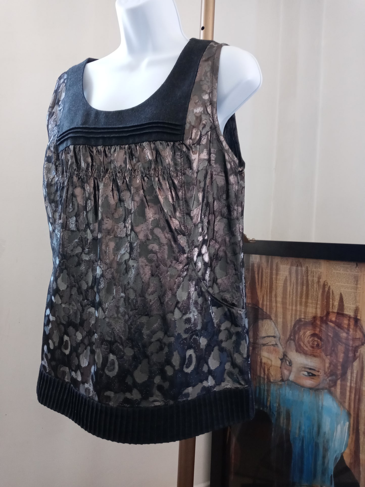 Tory Burch Metallic Gunmetal Silver Leopard Pattern Sleeveless Gray Wool Trim 2