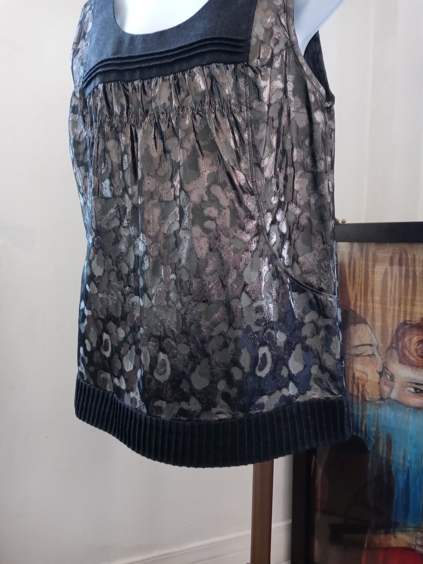 Tory Burch Metallic Gunmetal Silver Leopard Pattern Sleeveless Gray Wool Trim 2