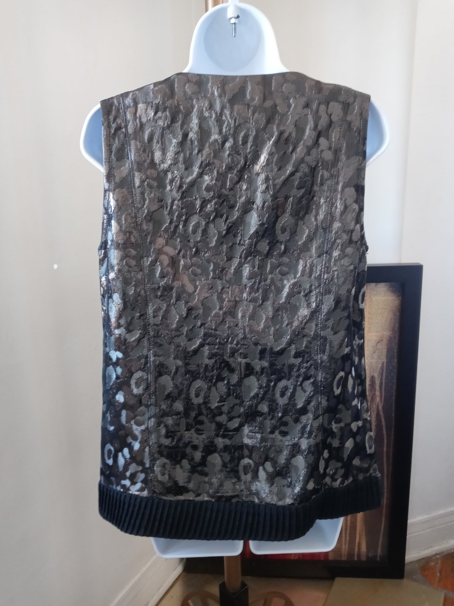 Tory Burch Metallic Gunmetal Silver Leopard Pattern Sleeveless Gray Wool Trim 2