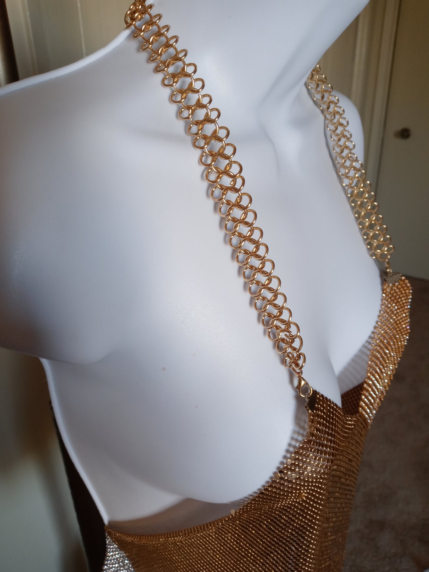 Emotae Aluminum Mesh Triangle Gold & Silver Sleeveless Back Out Crop Top
