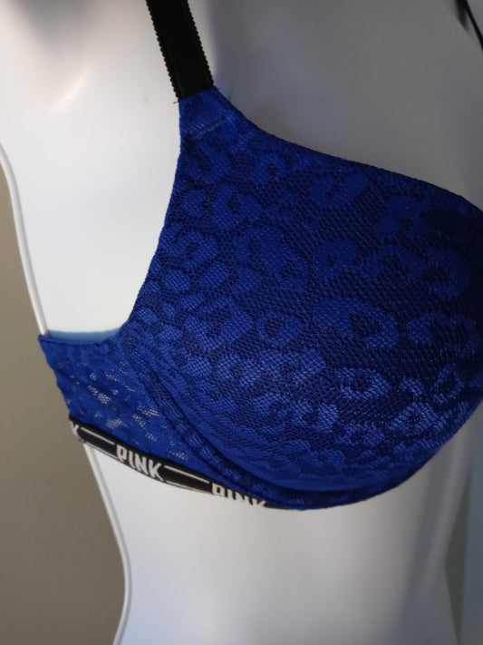VS PINK Blue Leopard Print Lace Push Up Bra