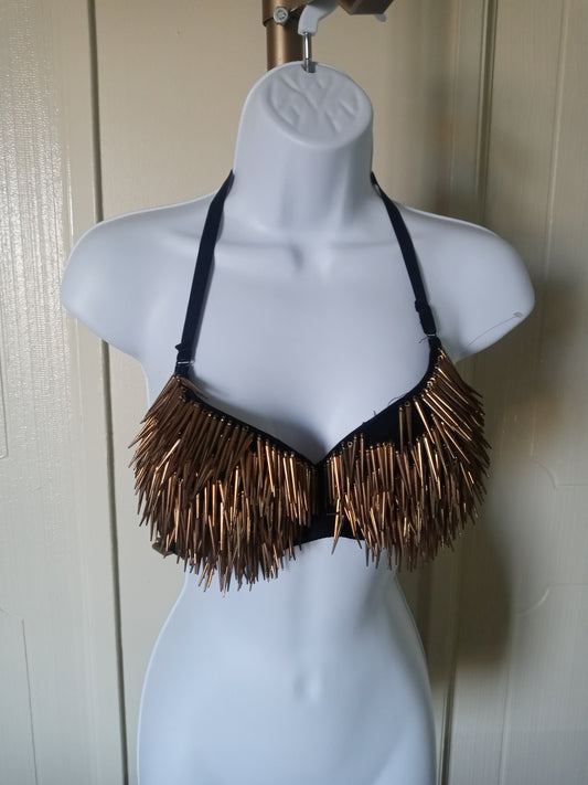Black Sexy Bra Fringe Long Gold Spikes Bralette