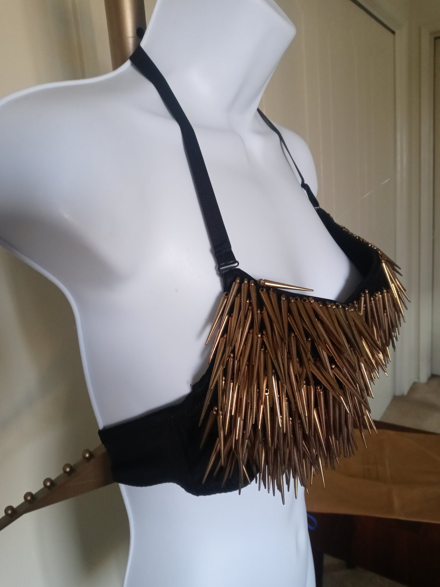 Black Sexy Bra Fringe Long Gold Spikes Bralette