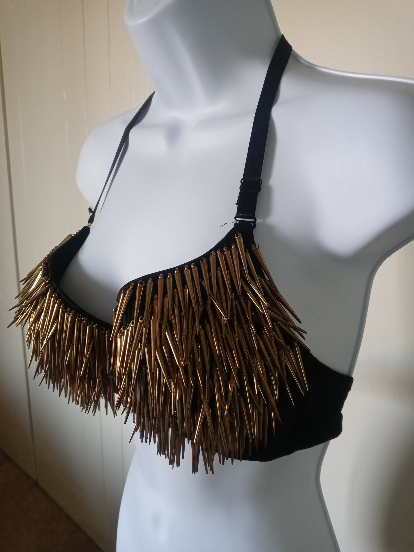 Black Sexy Bra Fringe Long Gold Spikes Bralette