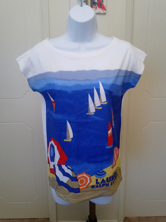 Ralph Lauren Beach Print Boat Neckline Cap Short Sleeve T Shirt