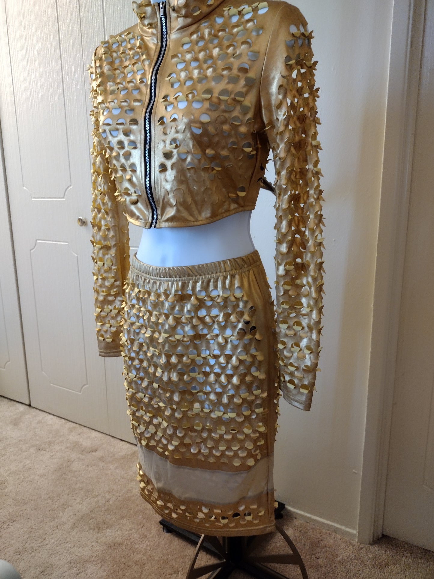Gold Metallic Mesh Dress two 2 piece set skirt