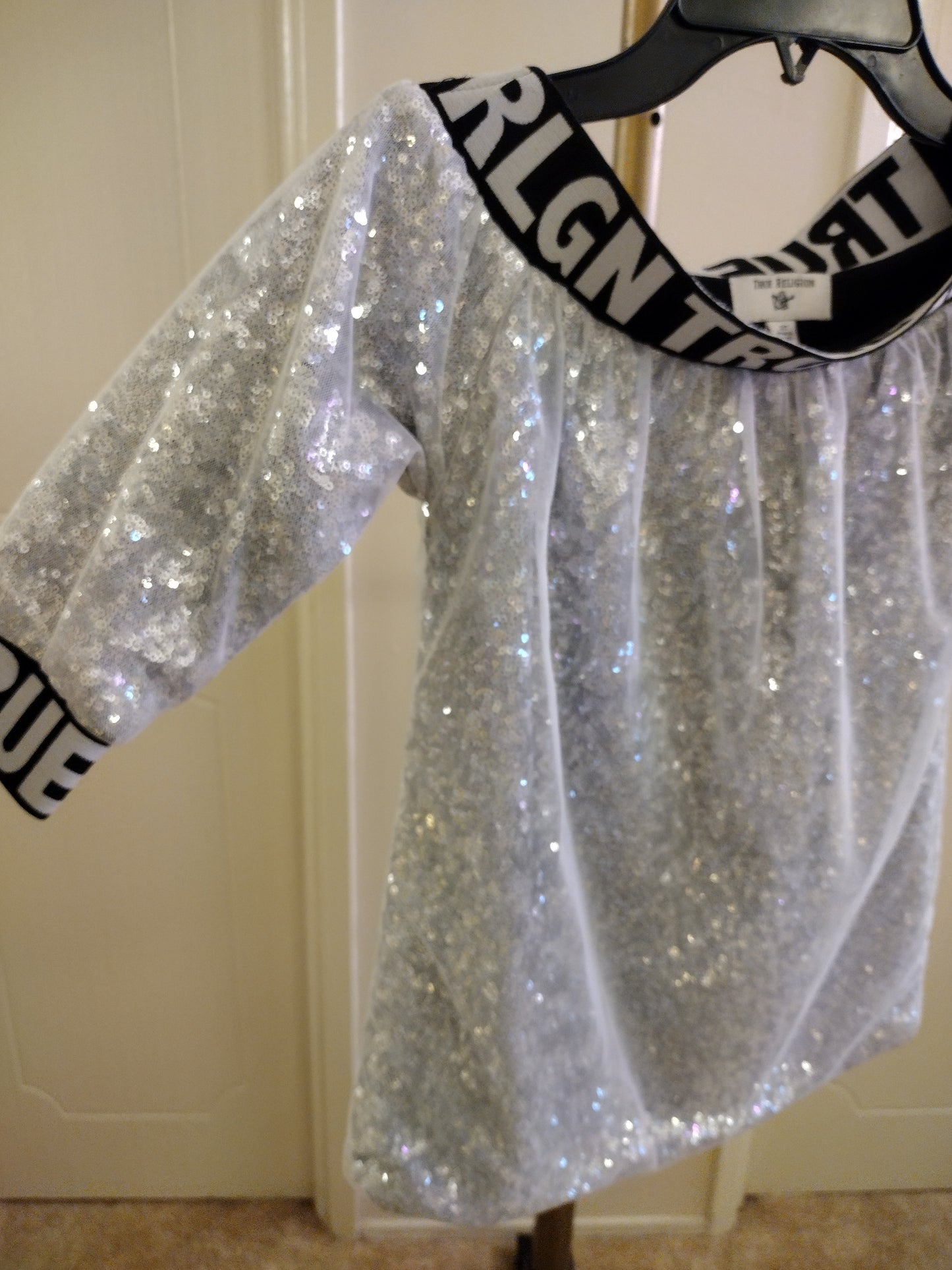 True Religion Girls Size 2T Silver Sequin Sparkle Dress Off Shoulder