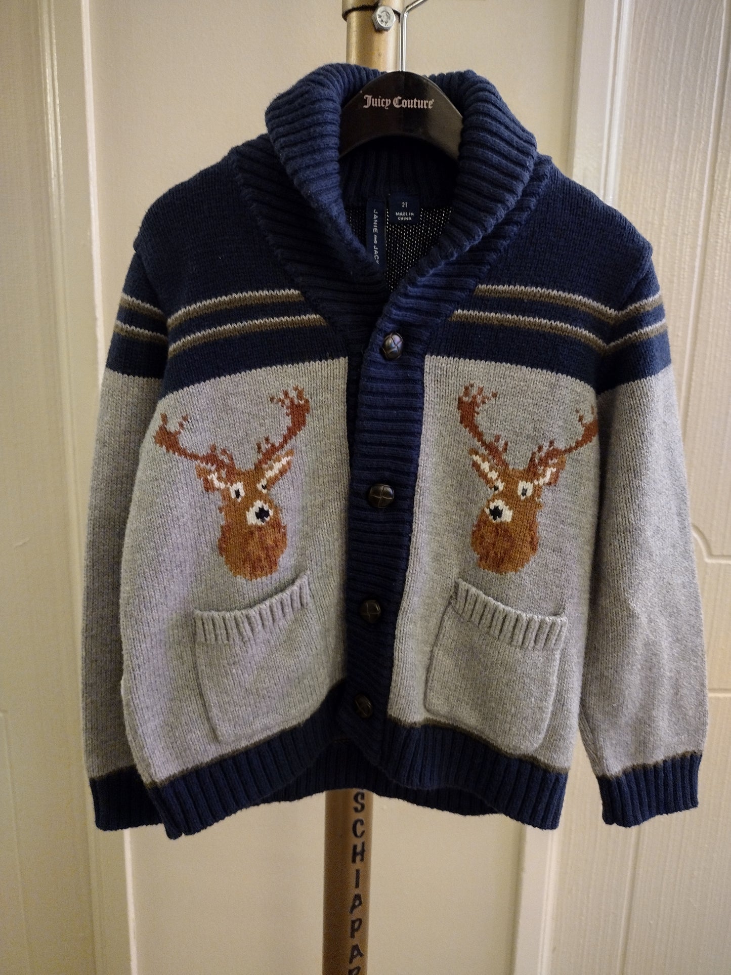 Janie and Jack Reindeer Shawl Collar Cardigan Sweater Long Sleeve Multi Color
