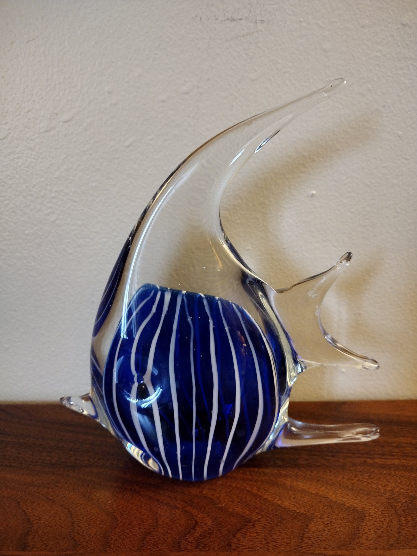 Blue With White Stripes Glass Angel Fish Paper Weight Figurine 4" Tall - Vintage