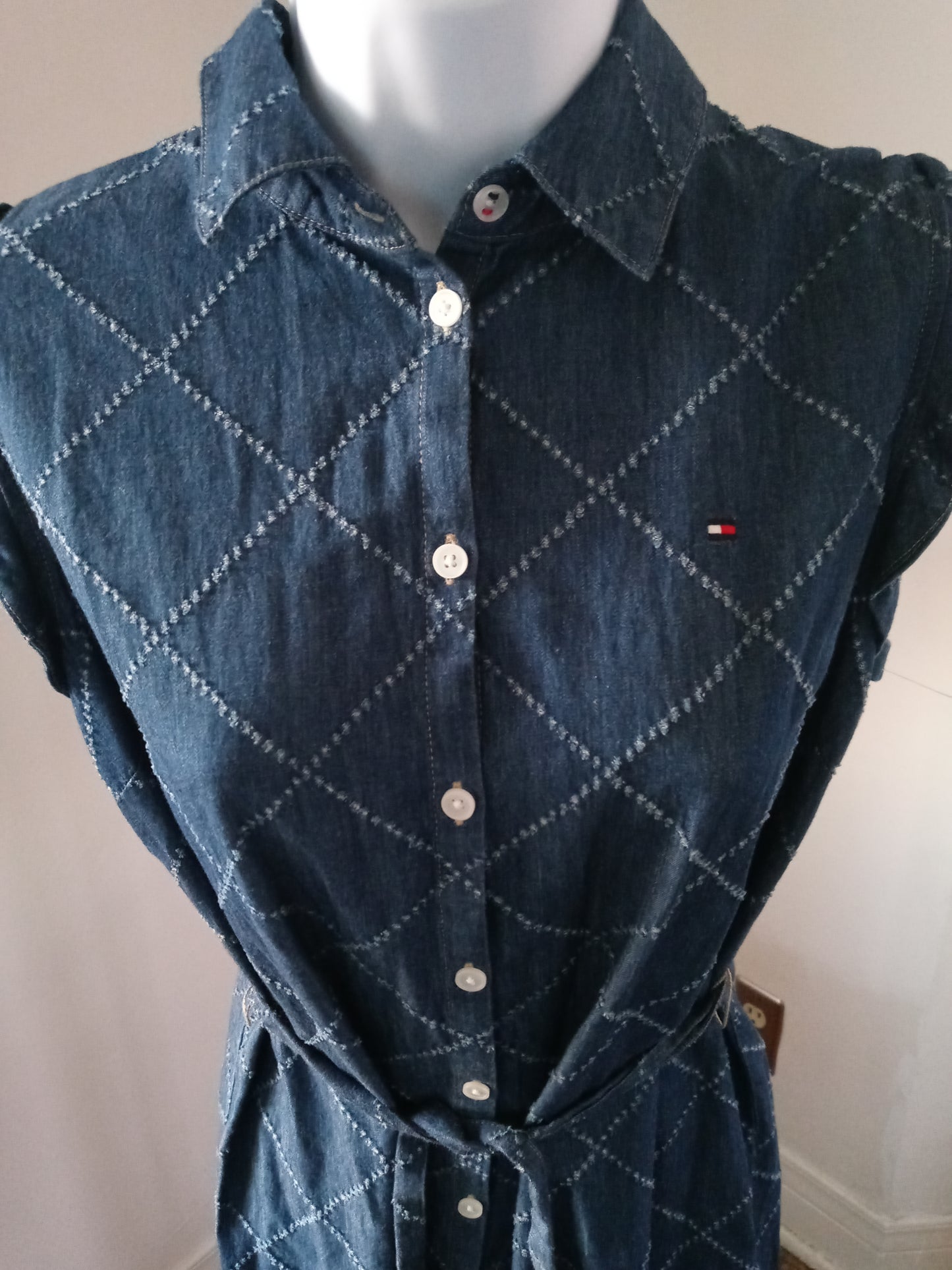 Tommy Hilfiger indigo Diamond Sleeveless Tie - Waist Maxi Knee Length Shirt Dress